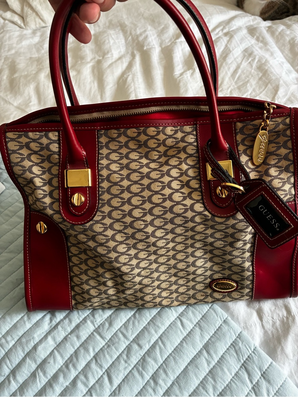 Vintage GUESS Red Trim Signature Jacquard Satchel